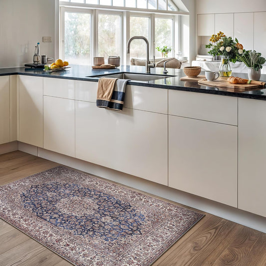 Bloom Rugs Washable Non-Slip 3' x 5' Rug - Dark Blue/Beige Traditional Medallion Area Rug for Living Room, Bedroom, Dining Room, and Kitchen - Exact Size: 3' x 5'