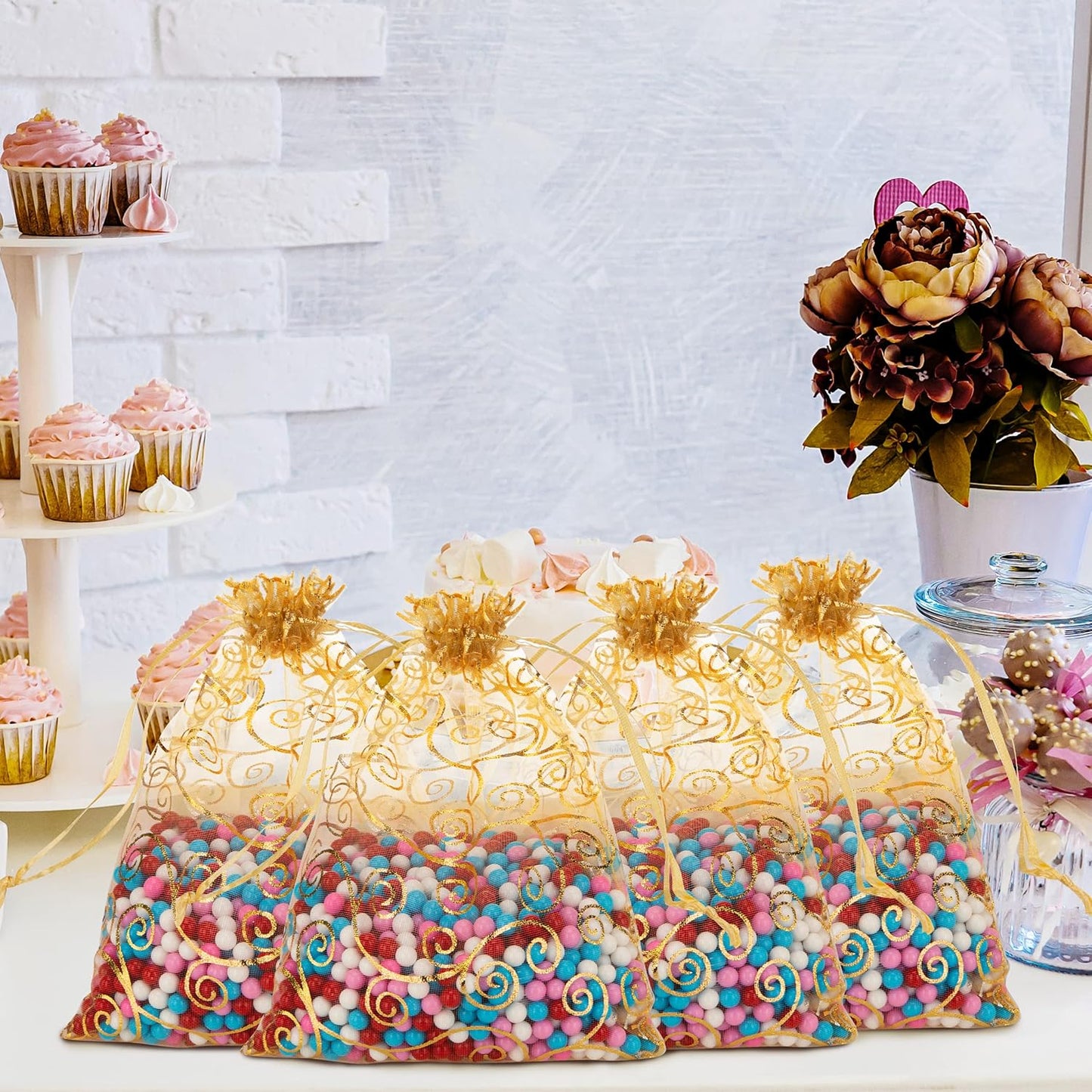 Staruby Organza Gift Bags 100Pcs Gold Sheer Organza Bag 5x7 Inch Mesh Favor Bags Drawstring Jewelry Rattan Printed Gift Pouches for Wedding Party Favors Couple Shower Christmas Gifts Candy Bags