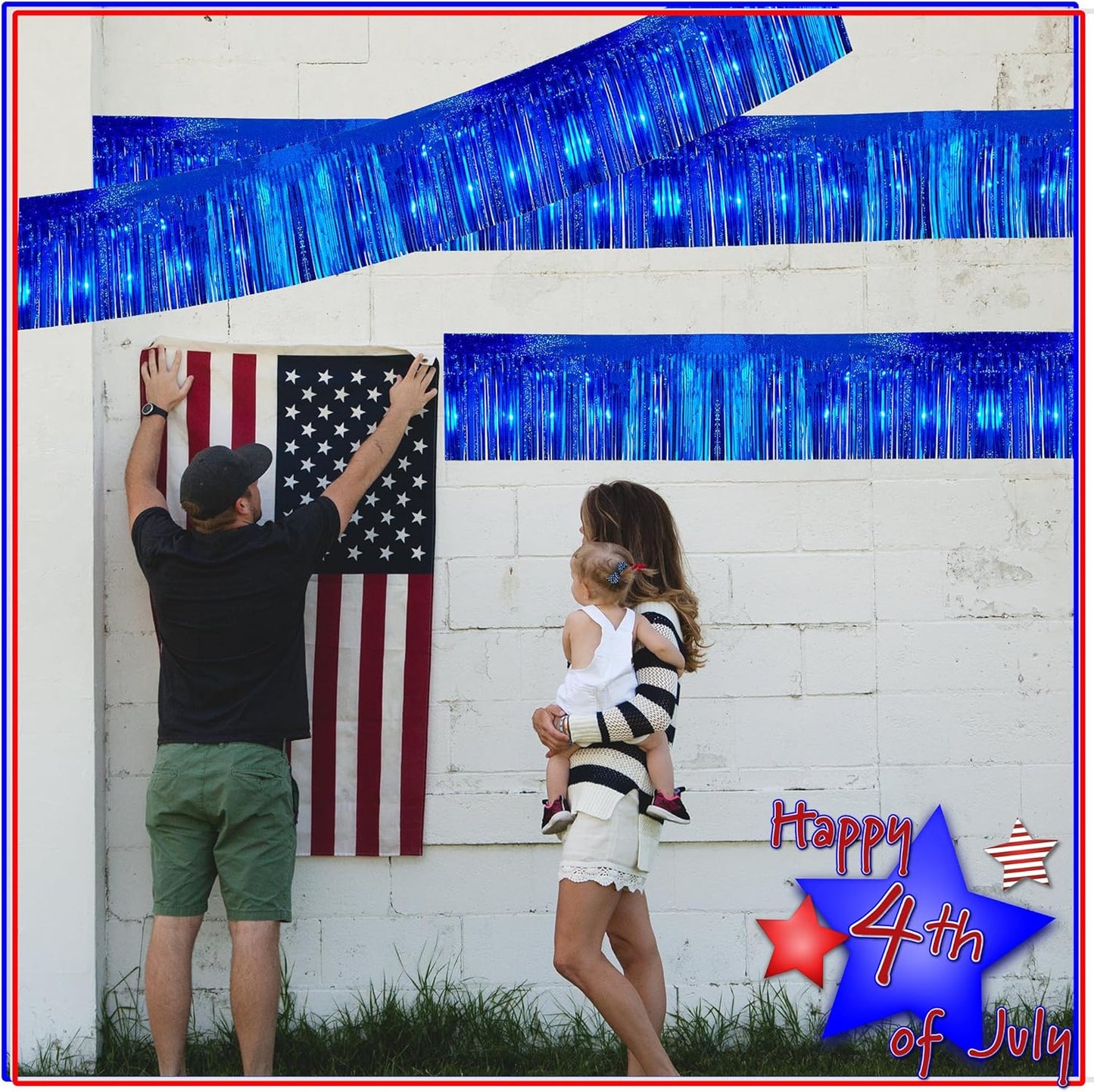 4 Pack 10 Feet Glitter Royal Blue Parade Float Decorations for Trailer Car, Glitter Foil Fringe Metallic Tinsel Streamers Banner Garland for Graduation Weeding Homecoming Birthday Party(Glitter-Blue)