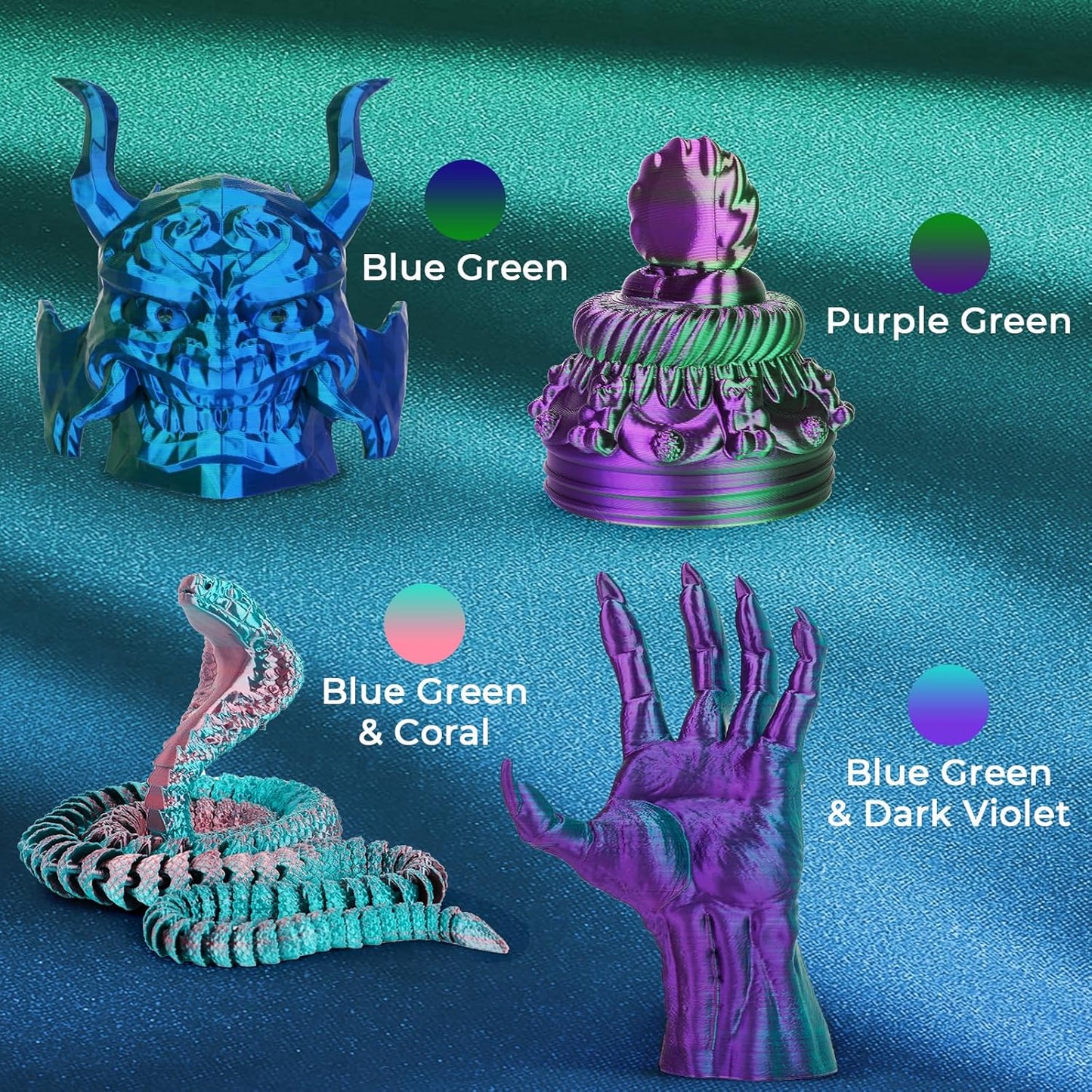 AMOLEN Silk PLA 3D Printer Filament 4KG Bundle, Shiny Dual Color Filament 1.75mm Pack, Multicolor Change 3D Printing Filament for Most FDM 3D Printer, Green Series