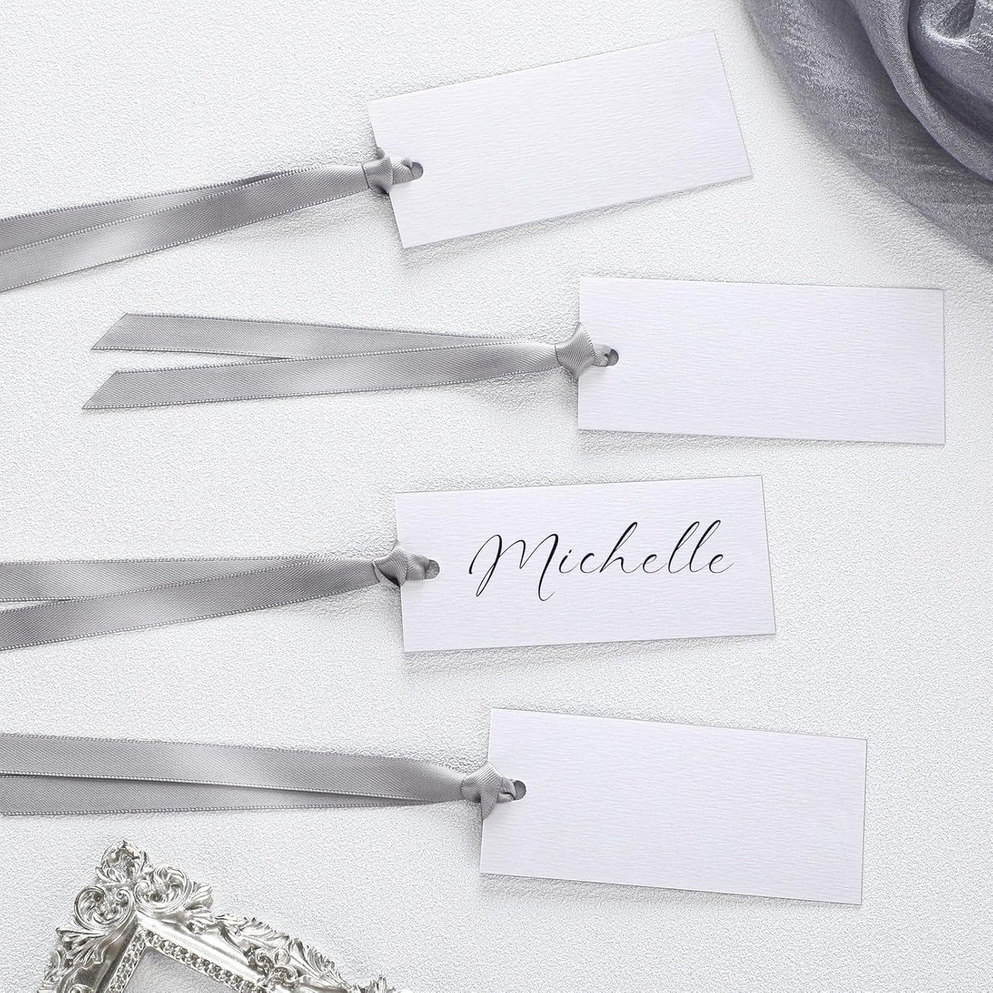 50 Pcs Name Place Cards for Table Setting Blank Wedding Place Cards with Satin Ribbon 1.57 x 3.54 Inch Hanging Gift Tags for Wedding Dinner Banquet Party Table Setting Supplies (Silver)