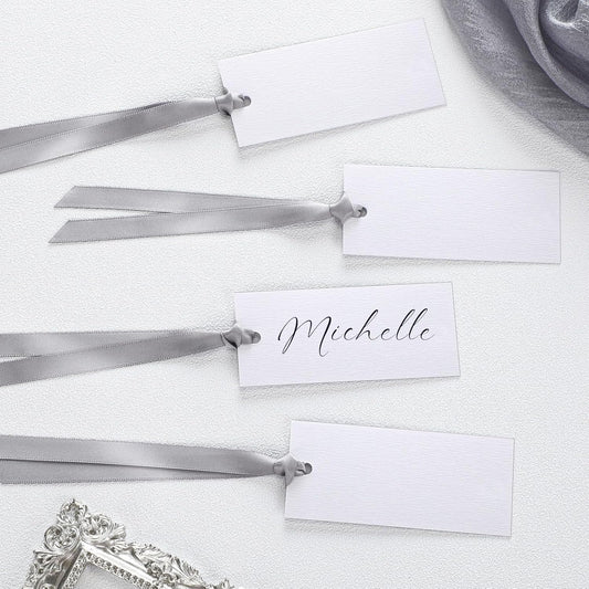50 Pcs Name Place Cards for Table Setting Blank Wedding Place Cards with Satin Ribbon 1.57 x 3.54 Inch Hanging Gift Tags for Wedding Dinner Banquet Party Table Setting Supplies (Silver)