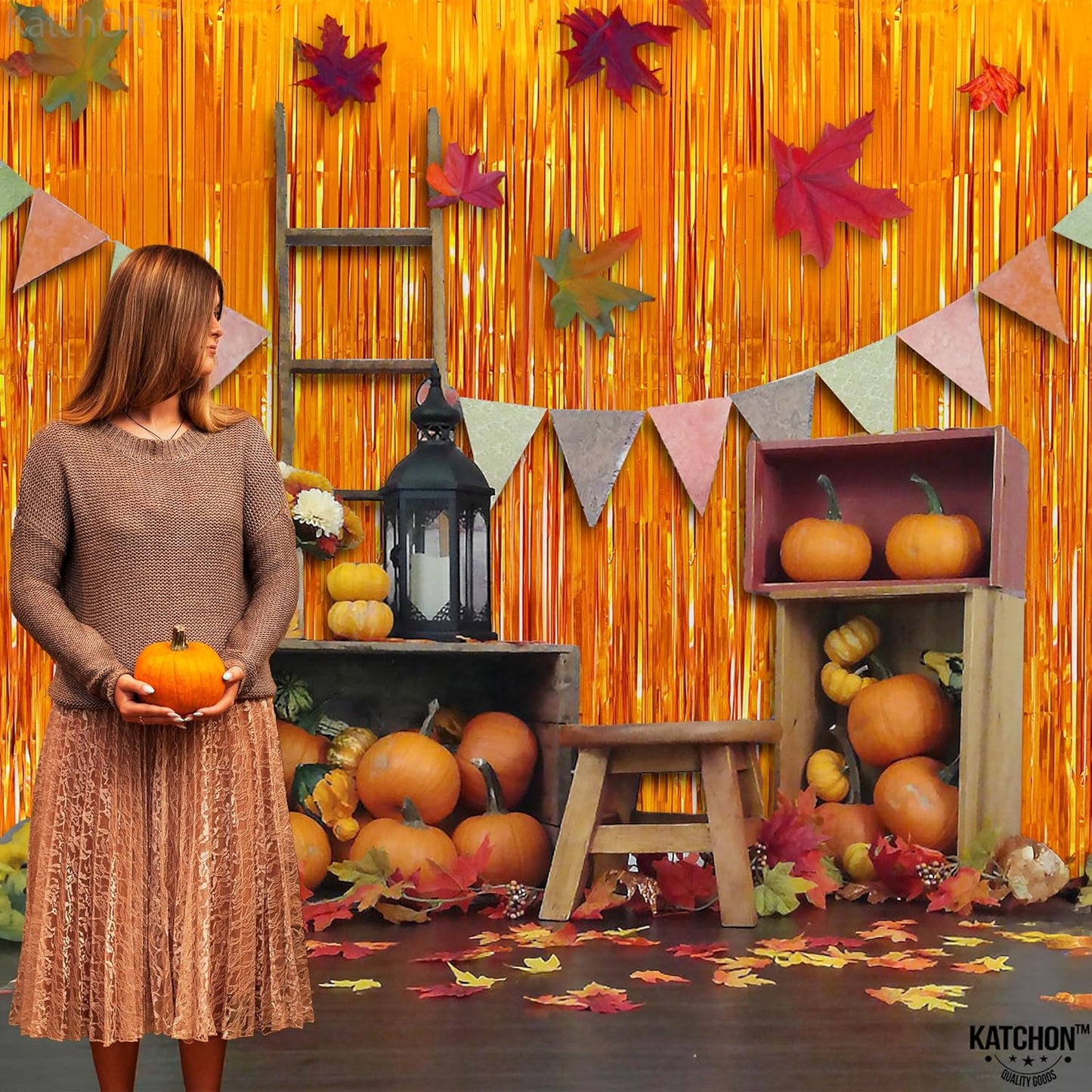 KatchOn, Orange Streamers - Pack of 2 | Orange Fringe Backdrop, Basketball Party Decorations | Tinsel Backdrop for Birthday, BabyShower, Bachelorette, Anniversary, Thanksgiving, Halloween Decorations