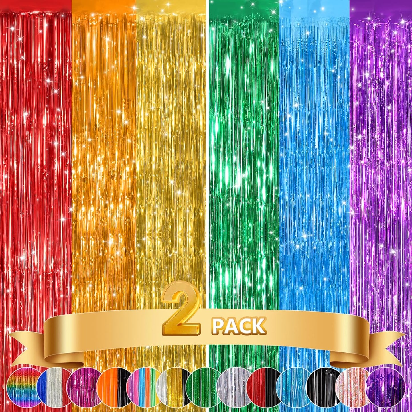 2Pack Rainbow Foil Fringe Curtains Backdrop Decorations, Rainbow Metallic Tinsel Foil Streamers Curtain Photo Booth Background for Birthday Wedding Engagement Bridal Shower Unicorn Party Decorations