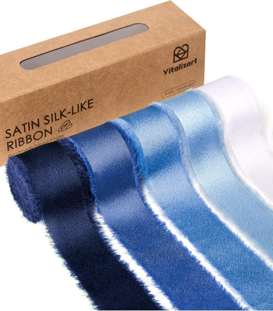 Vitalizart Silk Like Satin Ribbon 1 inch x 25 Yard Blue & White Handmade Frayed Ribbons for Gift Wrapping Baby Shower Wedding Bridal Bouquets Holiday Decor