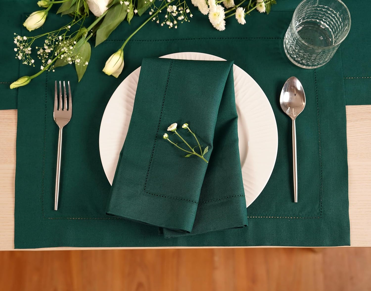 100% Pure Linen Green Placemats 14 x 19 Inch - Hemstitch Christmas Placemats Set of 4 – Elegant Cloth Fabric Table Mats for Winter, Thanksgiving & New Year Décor – Elara Collection