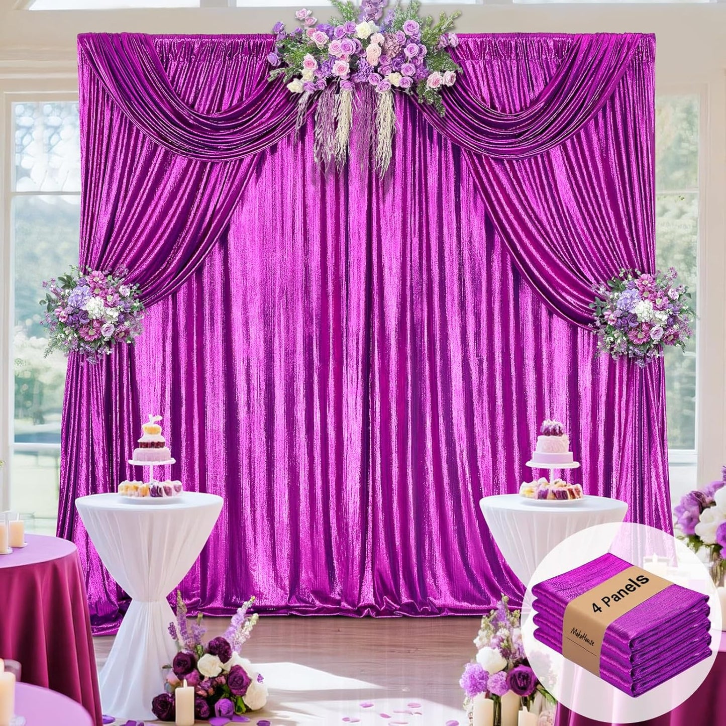 Glitter Sequin Backdrop Curtains for Halloween - 19.2x8FT Wrinkle-Free Glitter Drapes Purple Photo Backdrop Drapes for Wedding Birthday Photography Background 4 Panels 4.8x8FT
