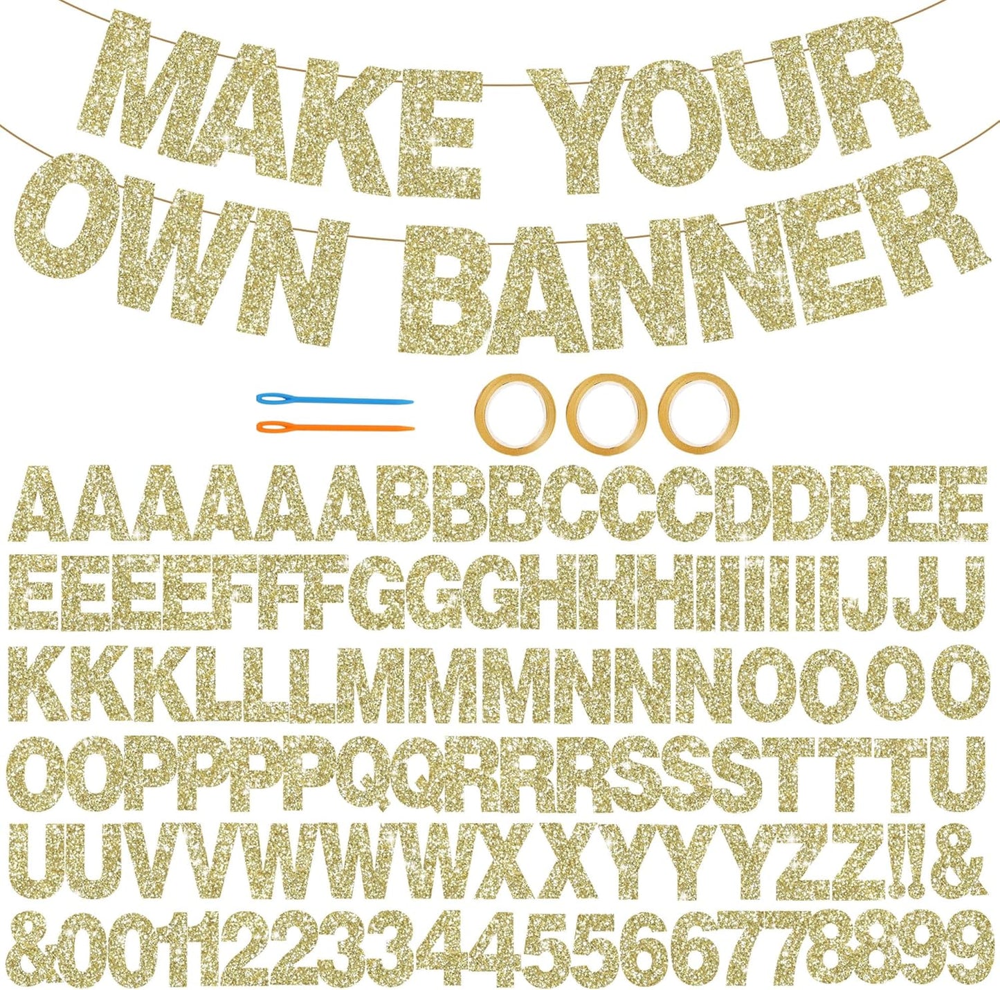 BEISHIDA 116 PCS A-Z Glitter Champagne DIY Letter Banner Kit Make Your Own Banner，Including 111 Letters and Numbers 3 Rope and 2 Threading Device,Customized for Birthday Graduation Wedding Party Decor