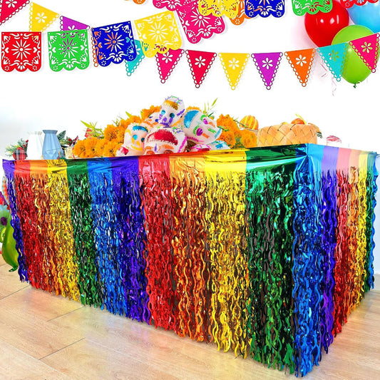 CCINEE 4 Packs Foil Fringe Table Skirt for Rainbow Party Decorations, 36ft Wavy Metallic Tinsel Foil Fringe Desk Skirt for Fiesta Birthday Wedding Pride Party DíA De Muertos Table Decorations