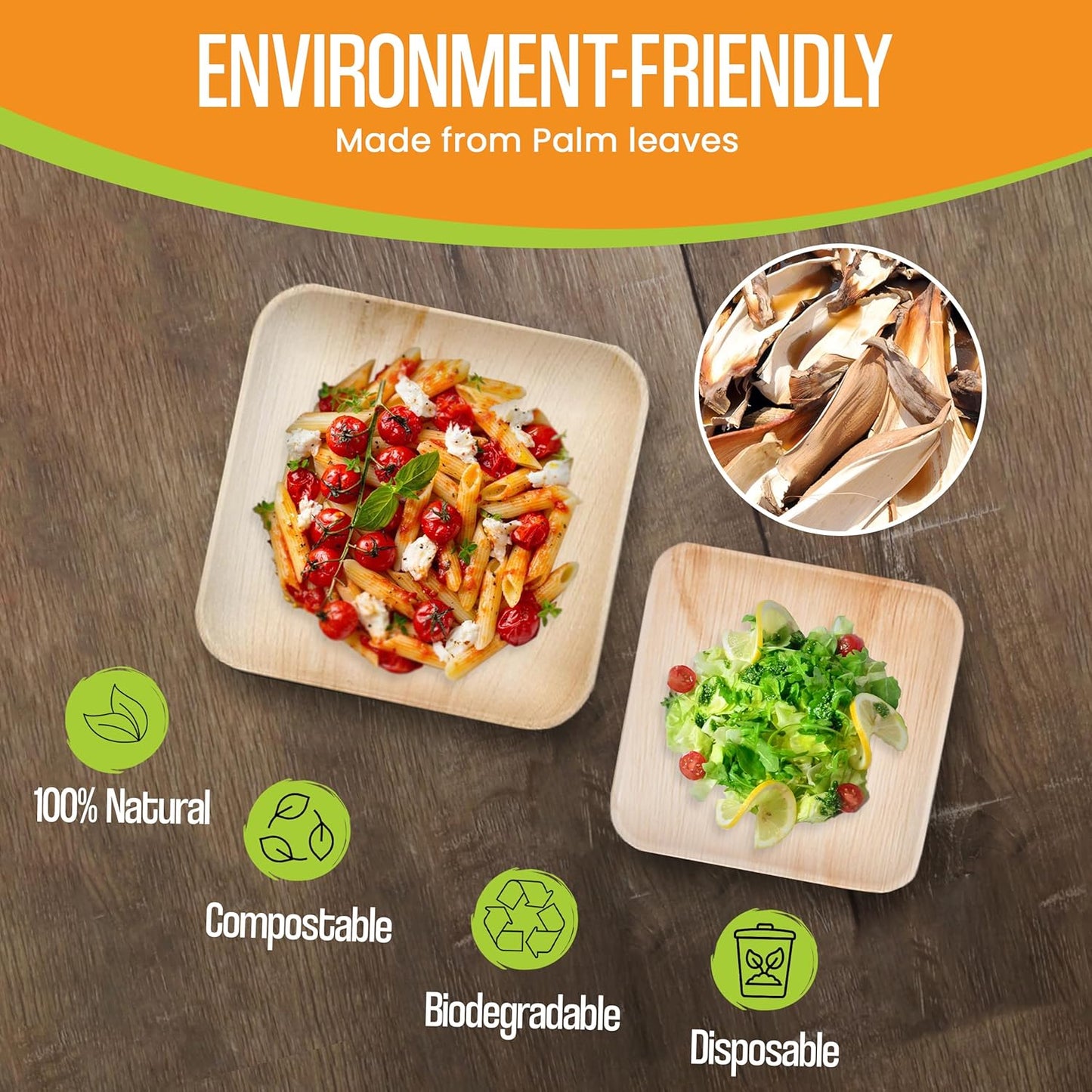 Raj Palm Leaf Plates Disposable Bamboo Plates 10 Inch & 7 Inch Square Bulk Party Pack (50 Pc) Compostable and Biodegradable - Better than Plastic & Paper Plate for Lunch, Birthday, Camping