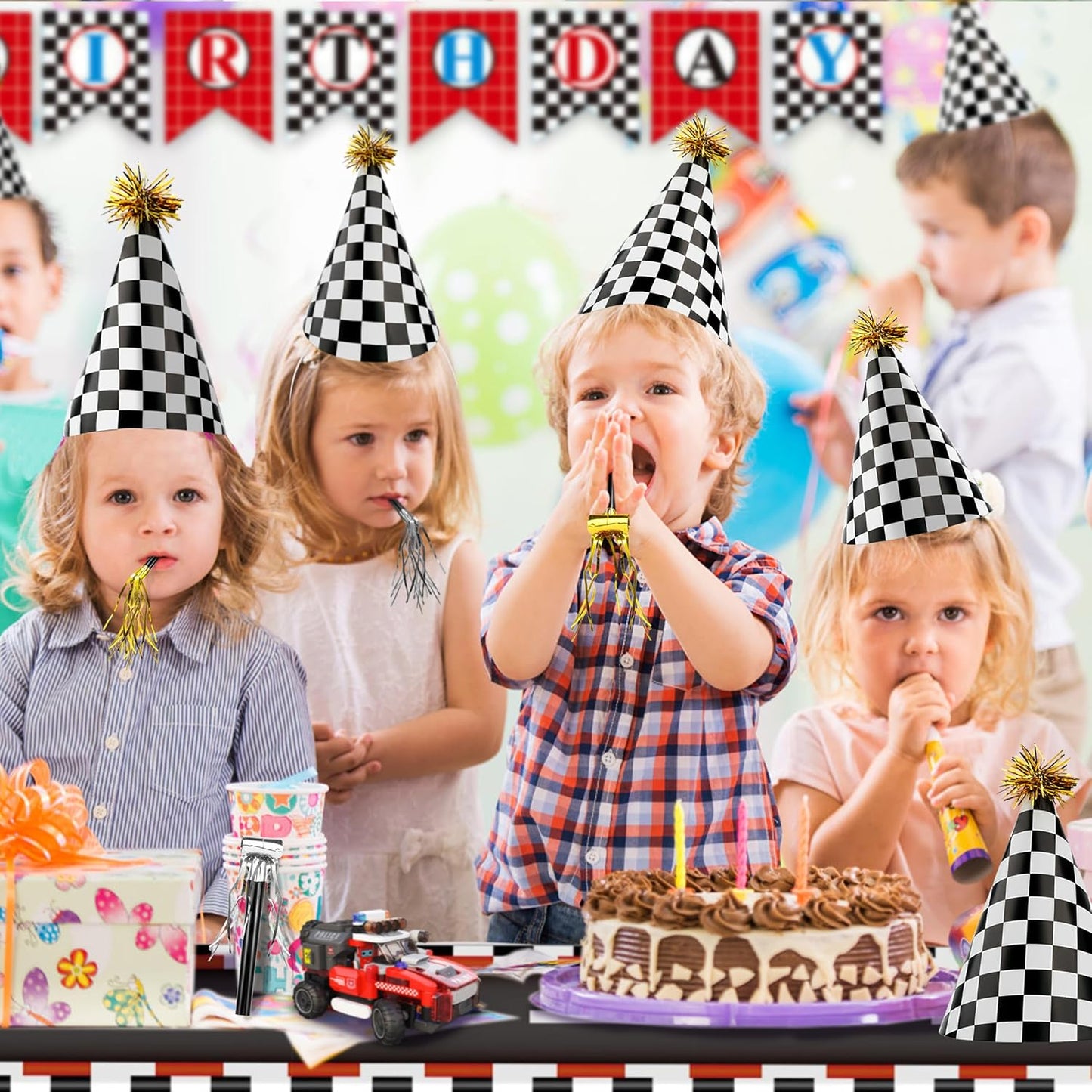 48 Race Car Birthday Party Hats Race Car Party Supplies Include Black White Checkered Cone Hats Gold Noise Makers