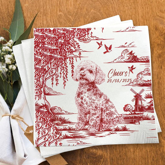 Luxury Personalized Dog Wedding Napkins, Custom Wedding Cocktail Napkins, Blue Floral Cocktail Napkin, Personalized Paper Napkin for Birthday, Engagement Party, Bridal Shower