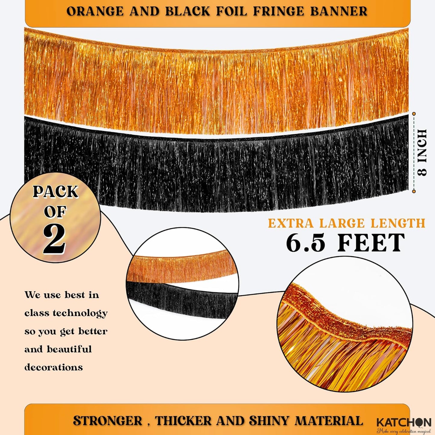 KatchOn, XtraLarge Black and Orange Fringe Banner - 6.5 Ft, Pack of 2 | Halloween Tinsel Garland for Halloween Decorations, Orange and Black Party Decorations | Foil Fringe Garland for Birthday Party