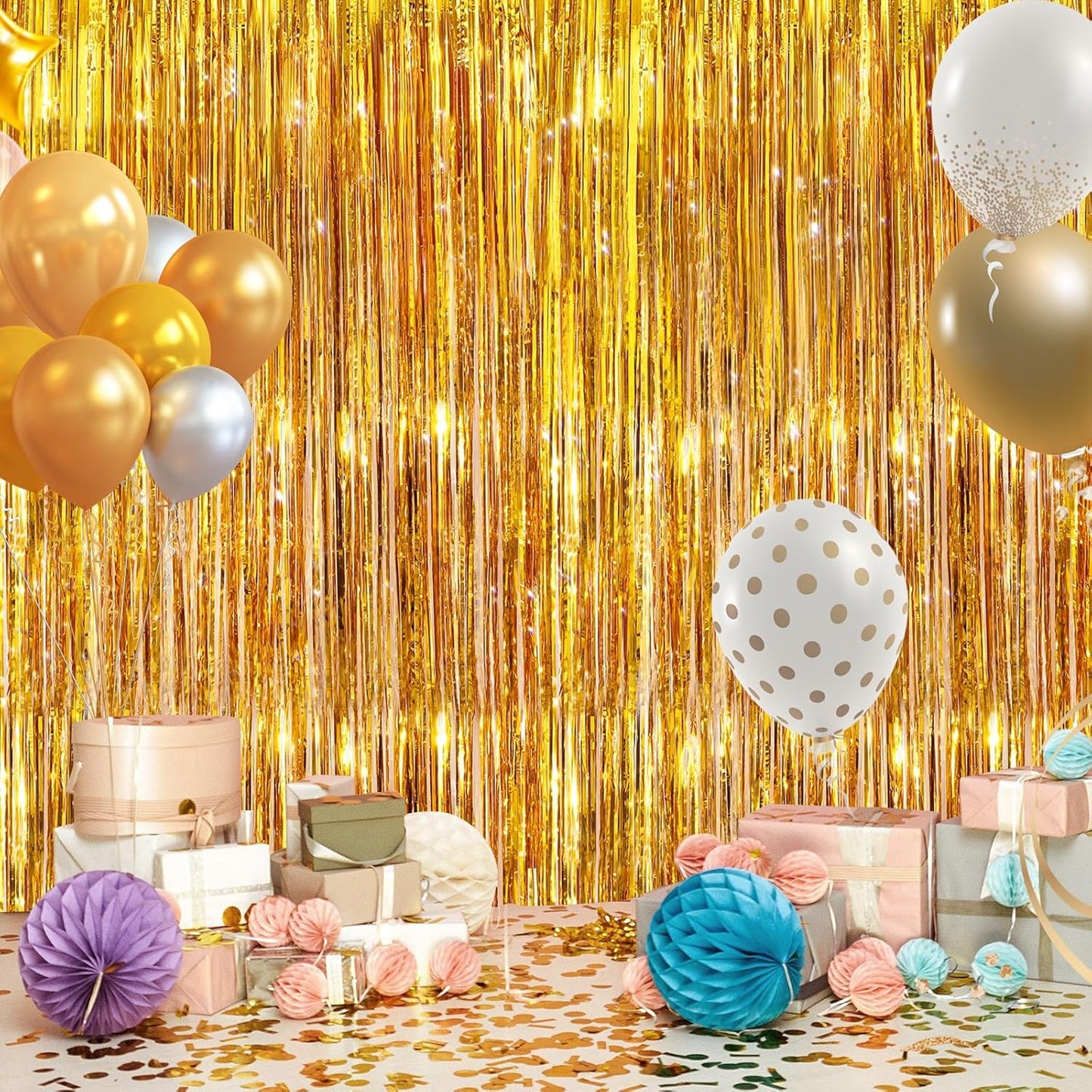 2Pack Gold Party Streamers, Gold Metallic Tinsel Streamers for Birthday Wedding Party Decors Graduation, Baby Shower, Photo Booth Props for Bachelorette Decors Xmas Halloween Party Supplies Backdrop