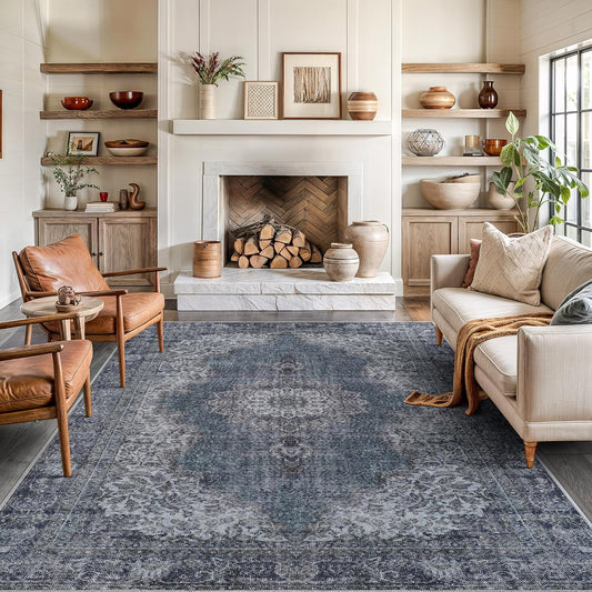 Bloom Rugs Washable Non-Slip 8' x 10' Rug - Dark Teal Traditional Medallion Area Rug for Living Room, Bedroom, Dining Room, and Kitchen - Exact Size: 8' x 10'