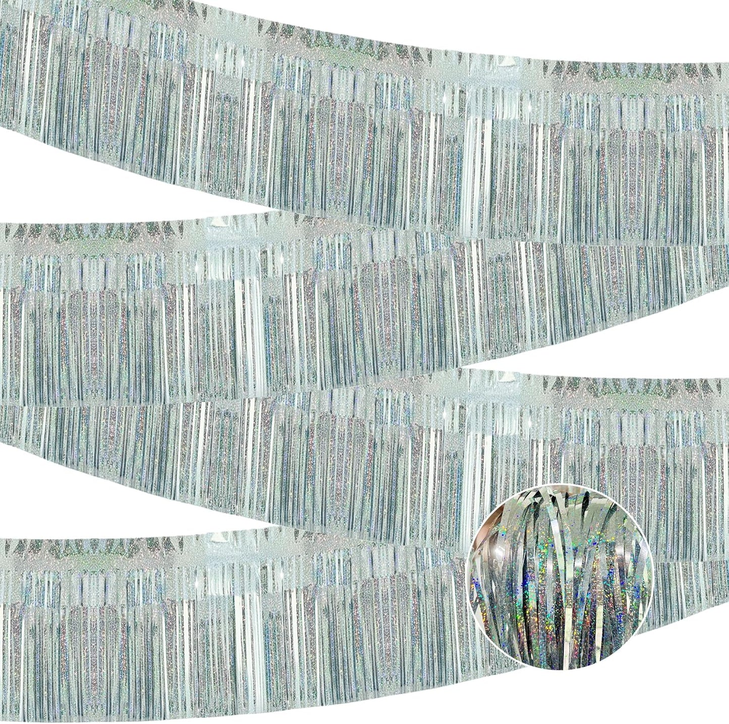 4 Pack Each 10 Feet Glitter Silver Parade Float Decorations for Trailer Car, Glitter Foil Fringe Metallic Tinsel Streamers Banner Garland for Graduation Weeding Homecoming Birthday(Glitter-Silver)