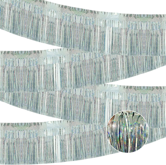 4 Pack Each 10 Feet Glitter Silver Parade Float Decorations for Trailer Car, Glitter Foil Fringe Metallic Tinsel Streamers Banner Garland for Graduation Weeding Homecoming Birthday(Glitter-Silver)