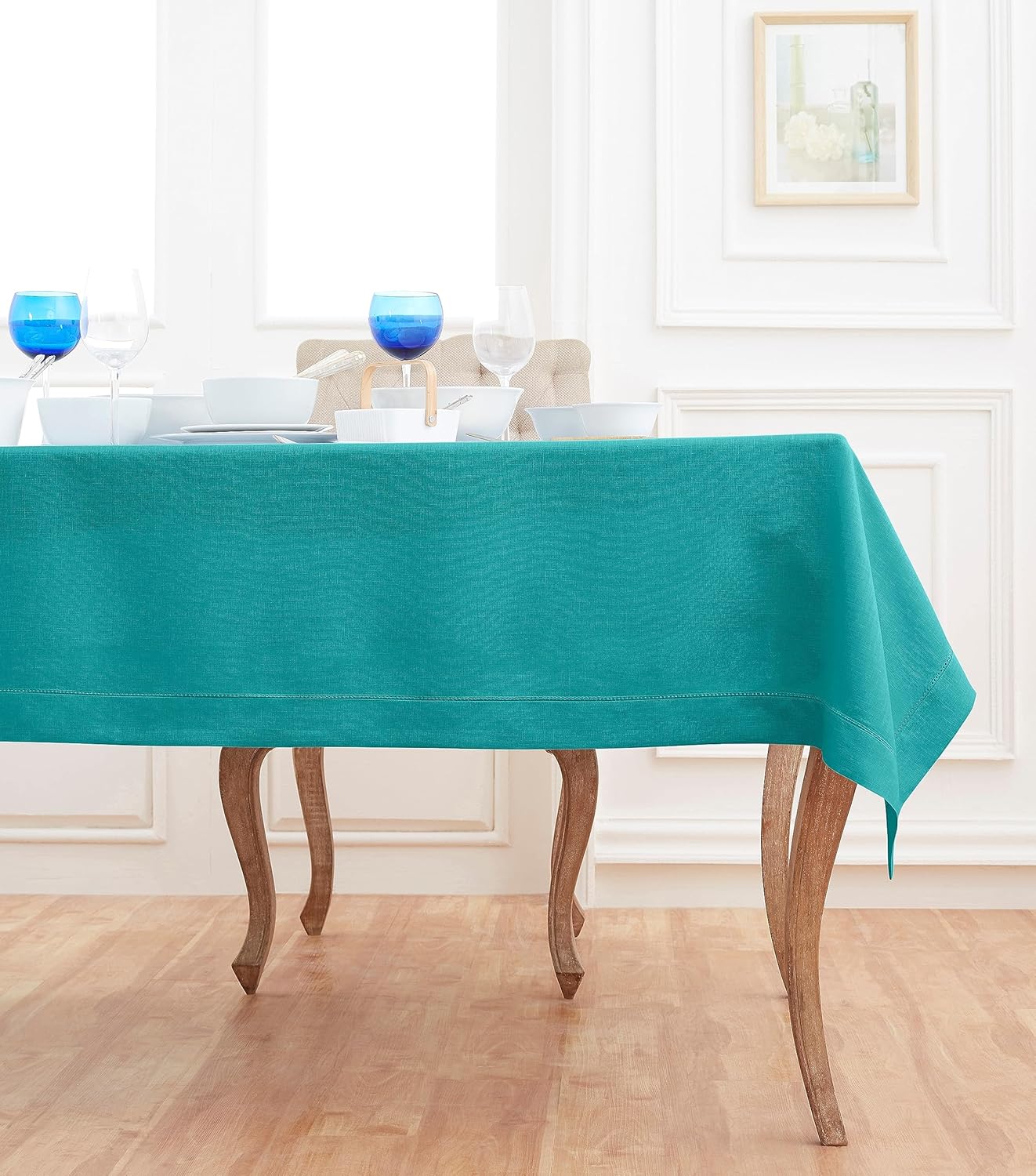 Solino Home Teal Linen Tablecloth 60 x 108 Inch - Classic Hemstitch, 100% Pure Linen Rectangular Tablecloth - Machine Washable Table Cloth for Fall, Autumn, Thanksgiving, Christmas