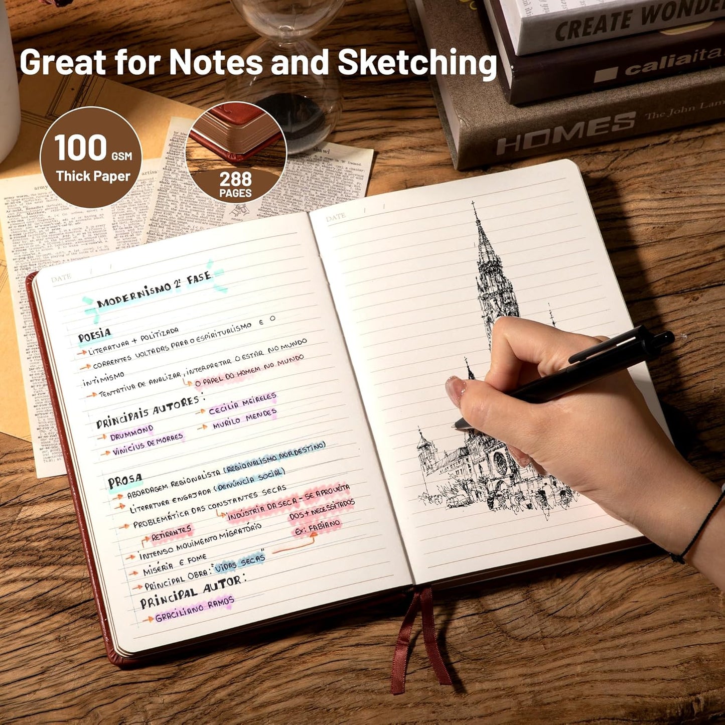 CAGIE Compass Leather Notebook Journal for Men, 100 GSM 288 Pages Lined Journals for Writing, A5 Hardcover Journaling Notebooks Gift Set with Pen for Travel Office Daily Writing