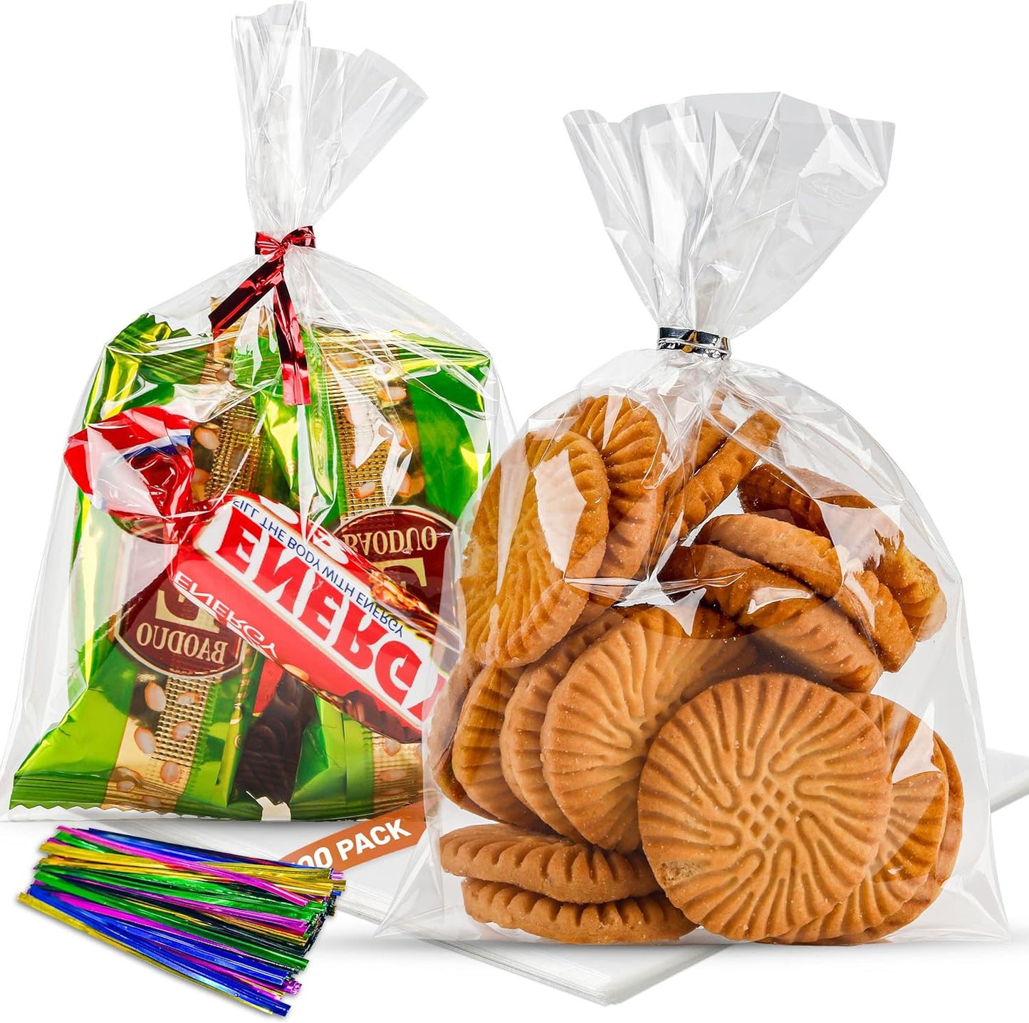 NPLUX 100 Pack Cellophane Bags Small Plastic Cookie Bag Clear Treat Bags with Twist Ties for Small Gift Party Favors, Bakery, Candy, Popcorn(4×6In)