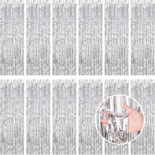 Silver Fringe Curtain Party Streamers, 12 Pack 3.3ft x 8.2ft Foil Curtain Backdrop Tinsel Foil Fringe Curtains Photo Booth Backdrop Streamer for Birthday, Wedding, Baby Shower, Disco Party