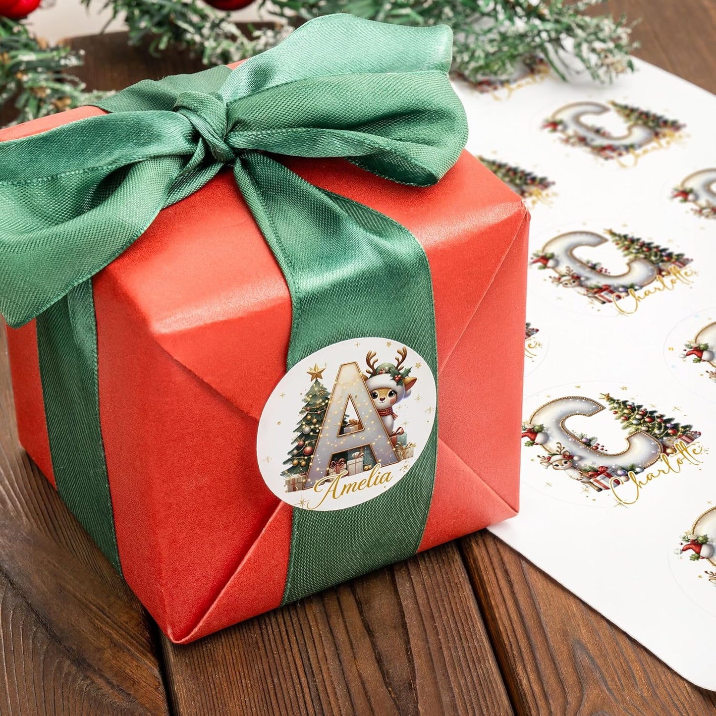 CALLIE Personalized Christmas Gift Tags with Initial and Name, Golden Reindeer Waterproof Label Stickers for Wrapping Paper Presents, Christmas Decorations Gift for Family Friend
