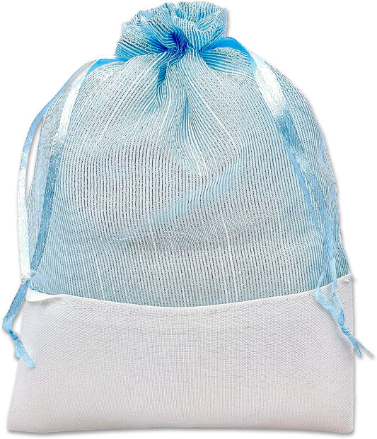 TheDisplayGuys For Your Modern Living 24-Pack Linen & Blue Organza Gift Bags with Drawstrings (Large 5 1/2 x 8) - Party Favors, Samples, Treats Mesh Pouches