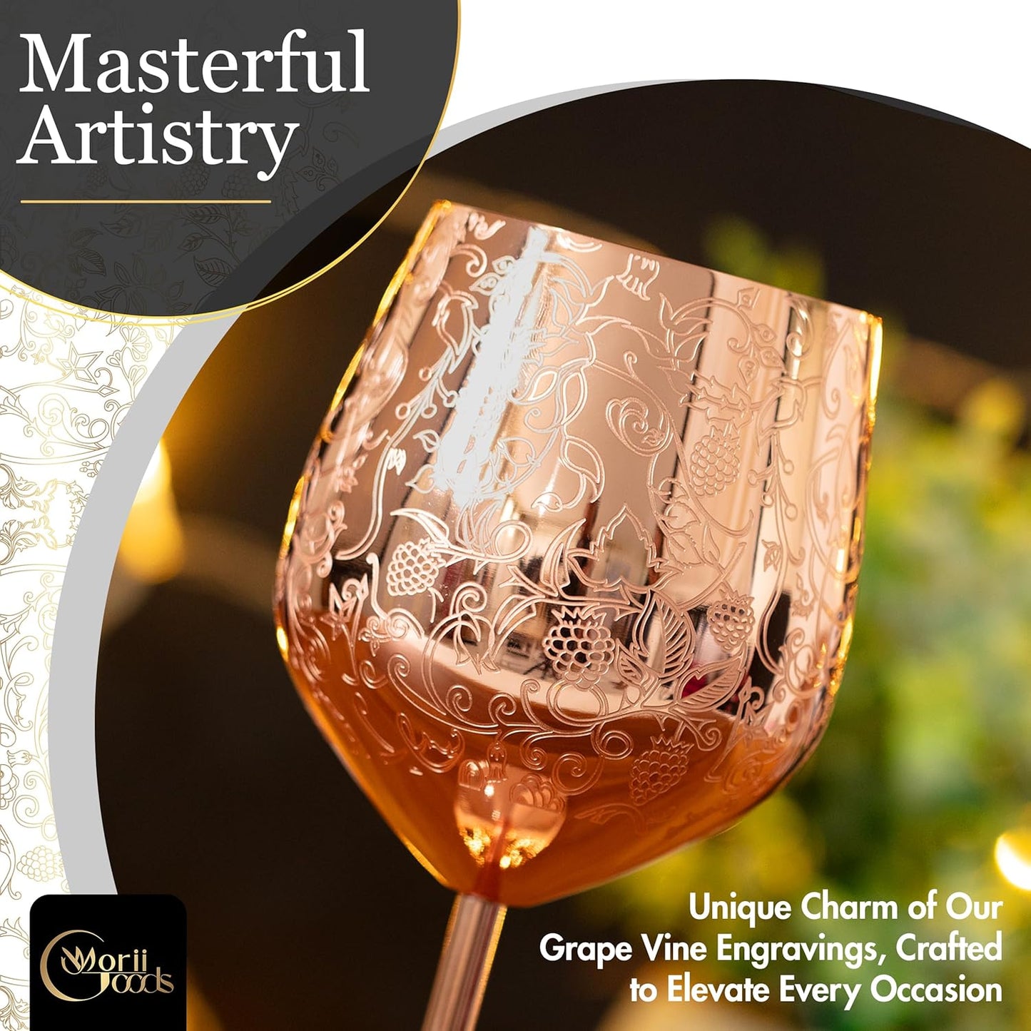 Stainless Steel Wine Glasses – Set of 2 Etched 16 oz Metal Goblets, Unbreakable Rose Gold Cups for Camping, Travel, Outdoor Events, Picnics, Luxury Wine Gifts for Women and Men