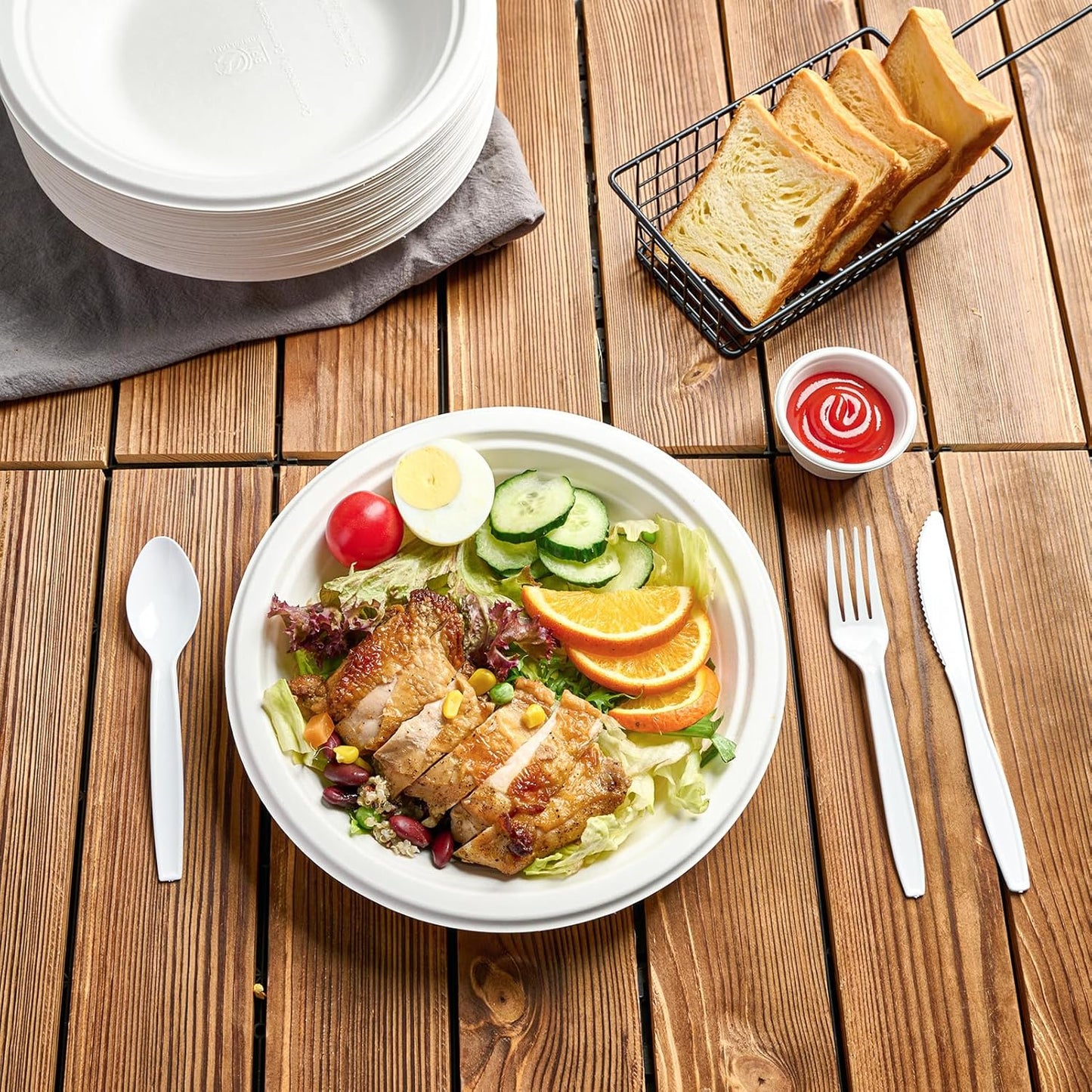 ECOLipak 125 Pack Paper Plates 9 inch 100% Compostable Heavy-Duty Dinner Plates Disposable Bagasse Deep Dish Natural Biodegradable Eco-Friendly Sugarcane(White)