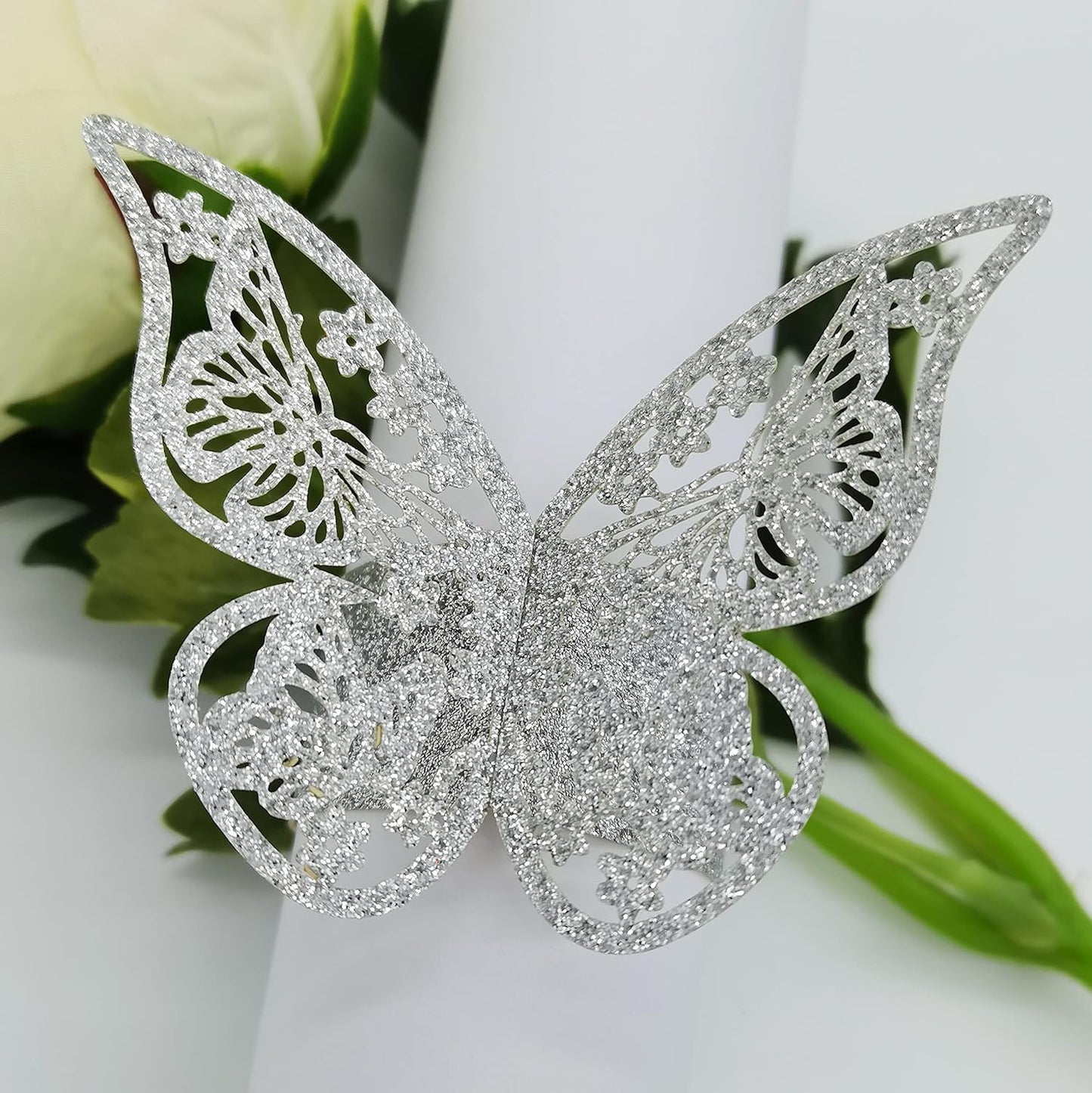 Butterfly Bright Silver Paper Napkin Rings Set of 100 pcs，3D Laser Cutout Paper Napkins Holder,Disposable Serviette Rings for Tables,Decorations,Wedding,Dinner,Party Decor