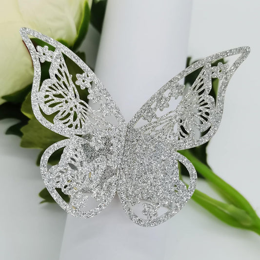 Butterfly Bright Silver Paper Napkin Rings Set of 100 pcs，3D Laser Cutout Paper Napkins Holder,Disposable Serviette Rings for Tables,Decorations,Wedding,Dinner,Party Decor