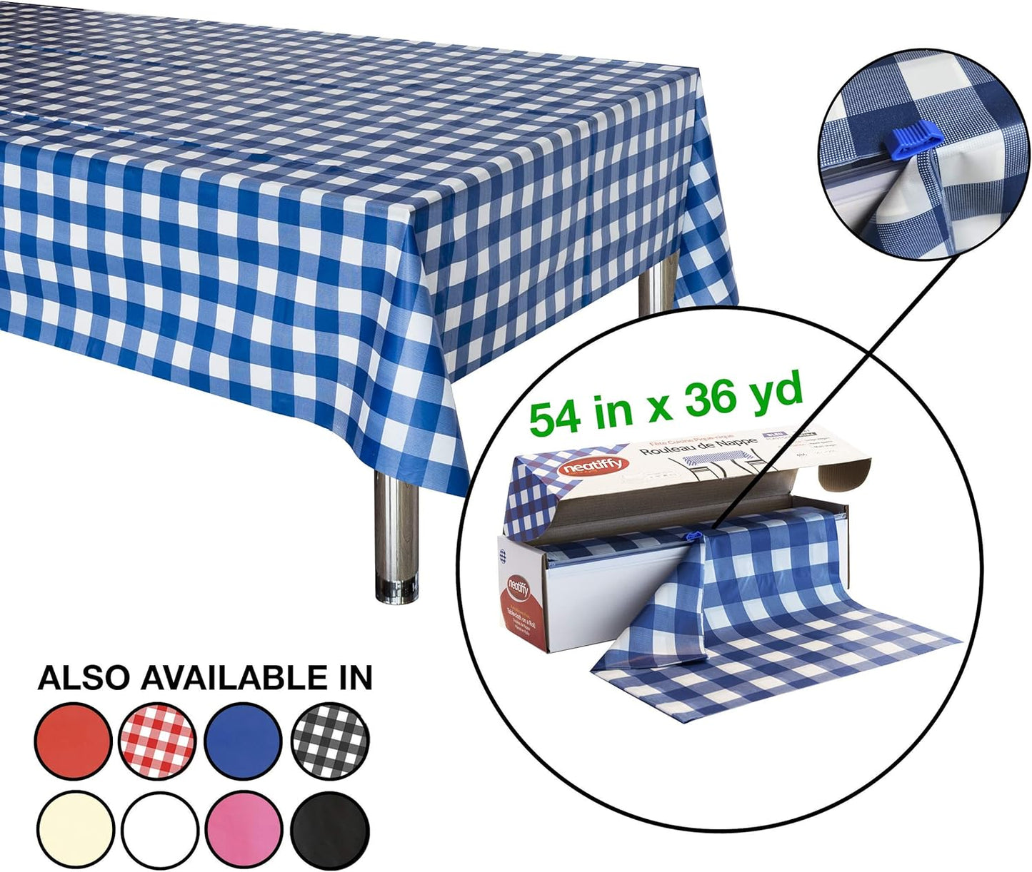 Neatiffy Disposable Plastic Table Cloth Roll | 54 in x 108 Ft Waterproof Tablecloth | Table Cover for Rectangle, Square, Round Oval Tables | Picnic, Party, Banquet, Birthdays, Weddings - Blue Gingham