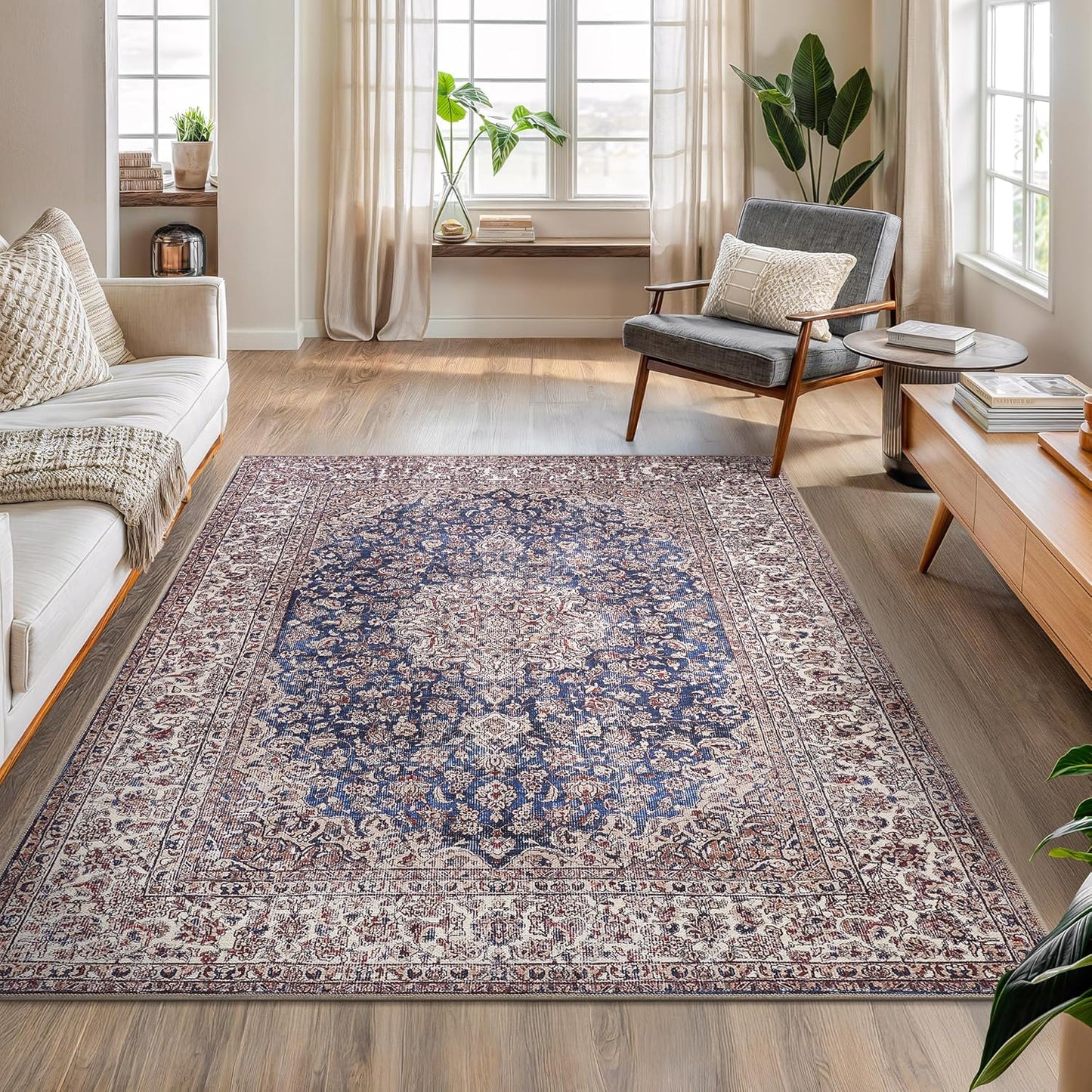 Bloom Rugs Washable Non-Slip 5' x 7' Rug - Dark Blue/Beige Traditional Medallion Area Rug for Living Room, Bedroom, Dining Room, and Kitchen - Exact Size: 5' x 7'