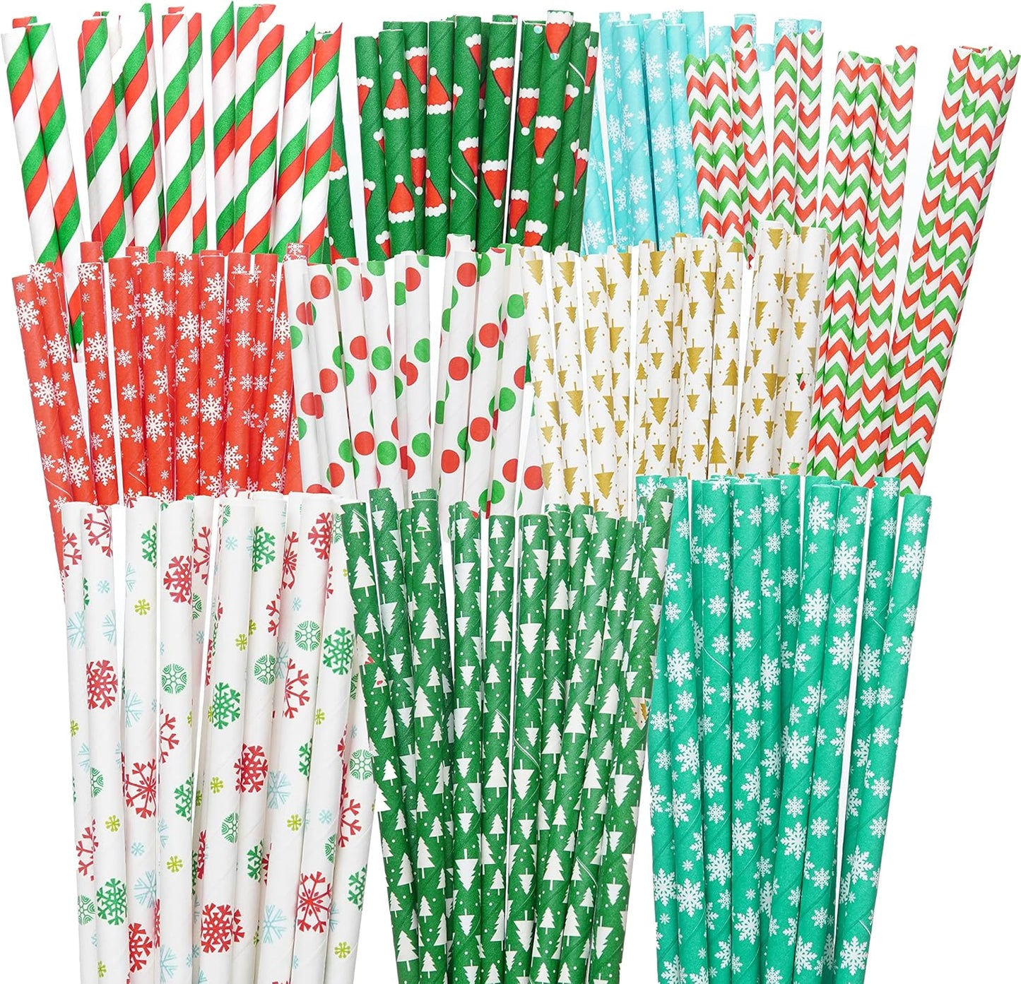 Weemium Christmas Paper Straws - [200 Pack] in 10 Designs - Biodegradable Christmas Straws for Drinking, Party and Crafts