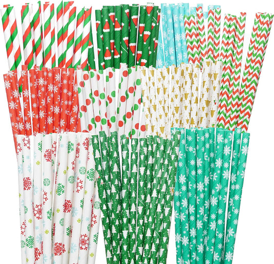 Weemium Christmas Paper Straws - [200 Pack] in 10 Designs - Biodegradable Christmas Straws for Drinking, Party and Crafts