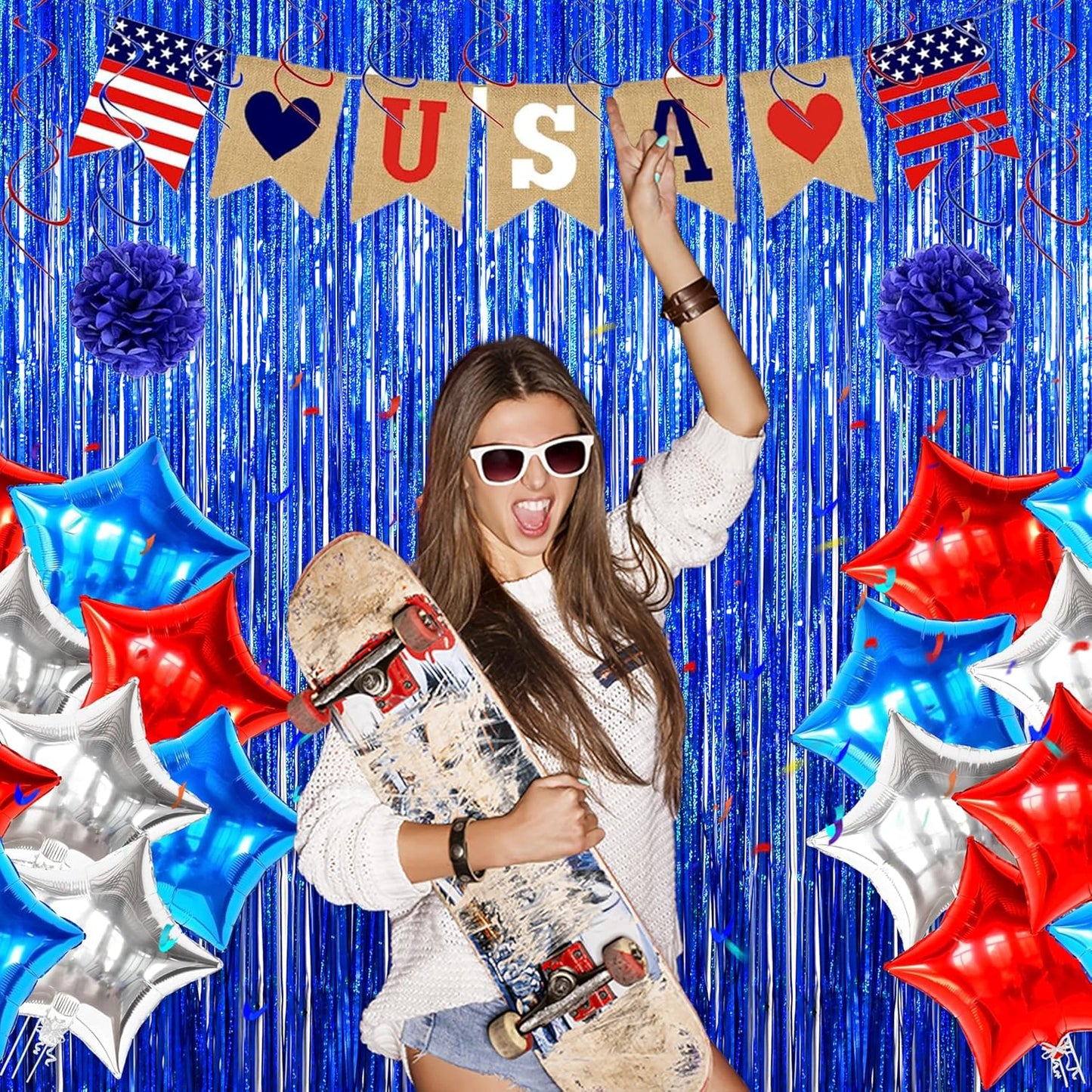 Foil Fringe Curtains Party Decorations - Melsan 3 Pack 3.2 x 8.2 ft Tinsel Curtain Party Photo Backdrop for Independence Day Decorations Birthday Party Baby Shower or Graduation Navy