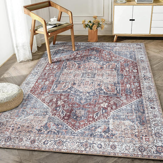 Bloom Rugs Washable Non-Slip 6' x 9' Rug - Red/Blue Traditional Medallion Area Rug for Living Room, Bedroom, Dining Room, and Kitchen - Exact Size: 6' x 9'