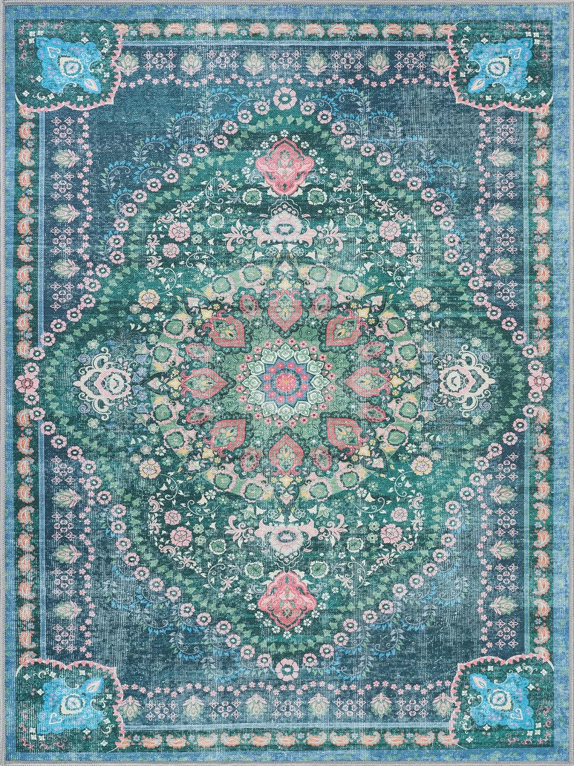 Bloom Rugs Washable Non-Slip 5' x 7' Rug - Green Traditional Medallion Area Rug for Living Room, Bedroom, Dining Room, and Kitchen - Exact Size: 5' x 7'