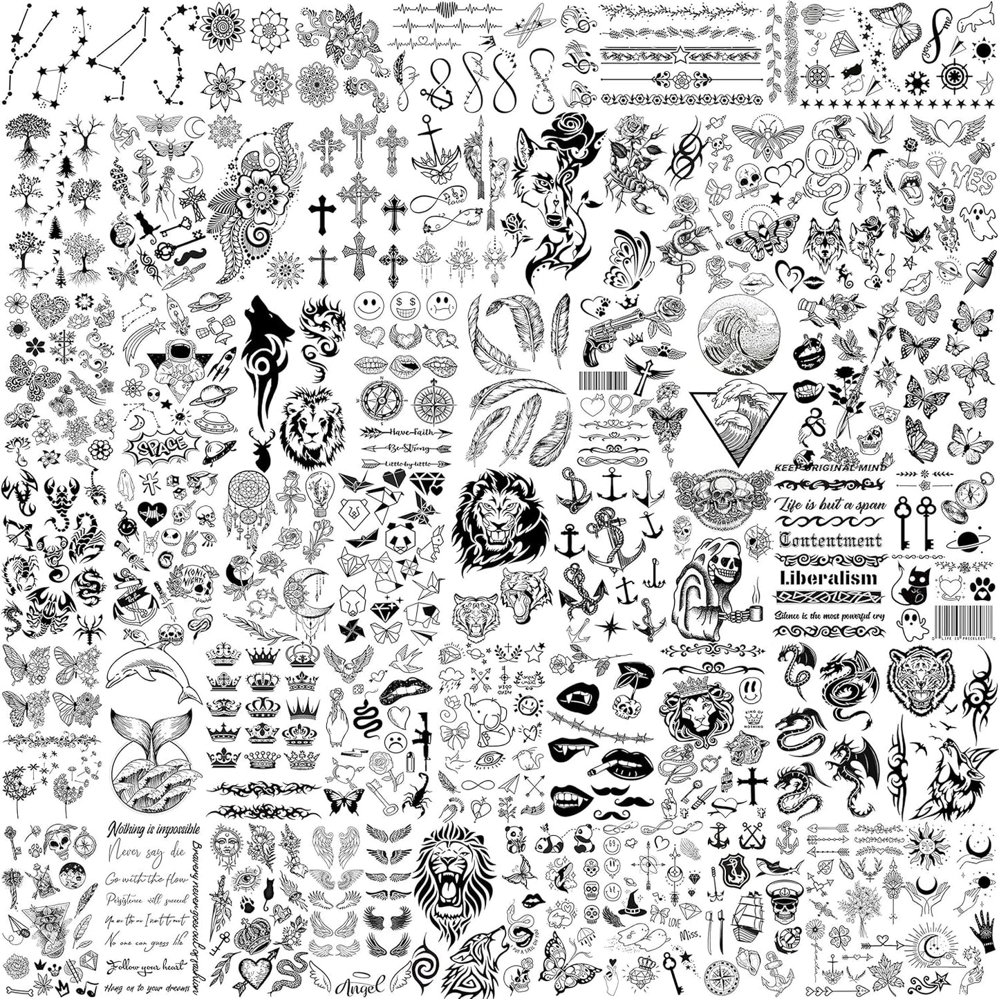 52 Sheets Tiny Small Temporary Tattoos For Kids Boys Girls, Tribal Animals Butterfly Anchor Compass Tattoo Stickers For Men Women, 3D Cute Flower Fake Face Tatoo Kits Sets For Neck Arm Hands