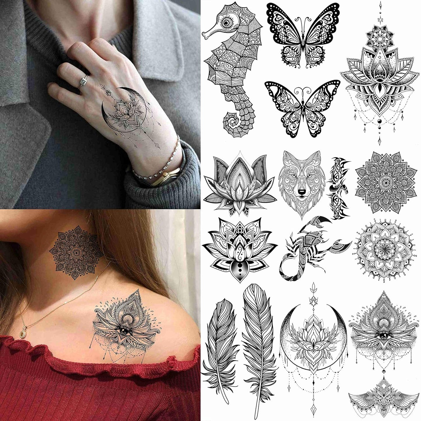 28 Sheets Tribal Black Temporary Tattoos For Women Girls, Waterproof Fake Tattoos Temporary Elephant Ganesha Lace Tattoo Kits, Lotus Mandala Flower Tatoo Sticker Moon Neck Chest Arm Butterfly