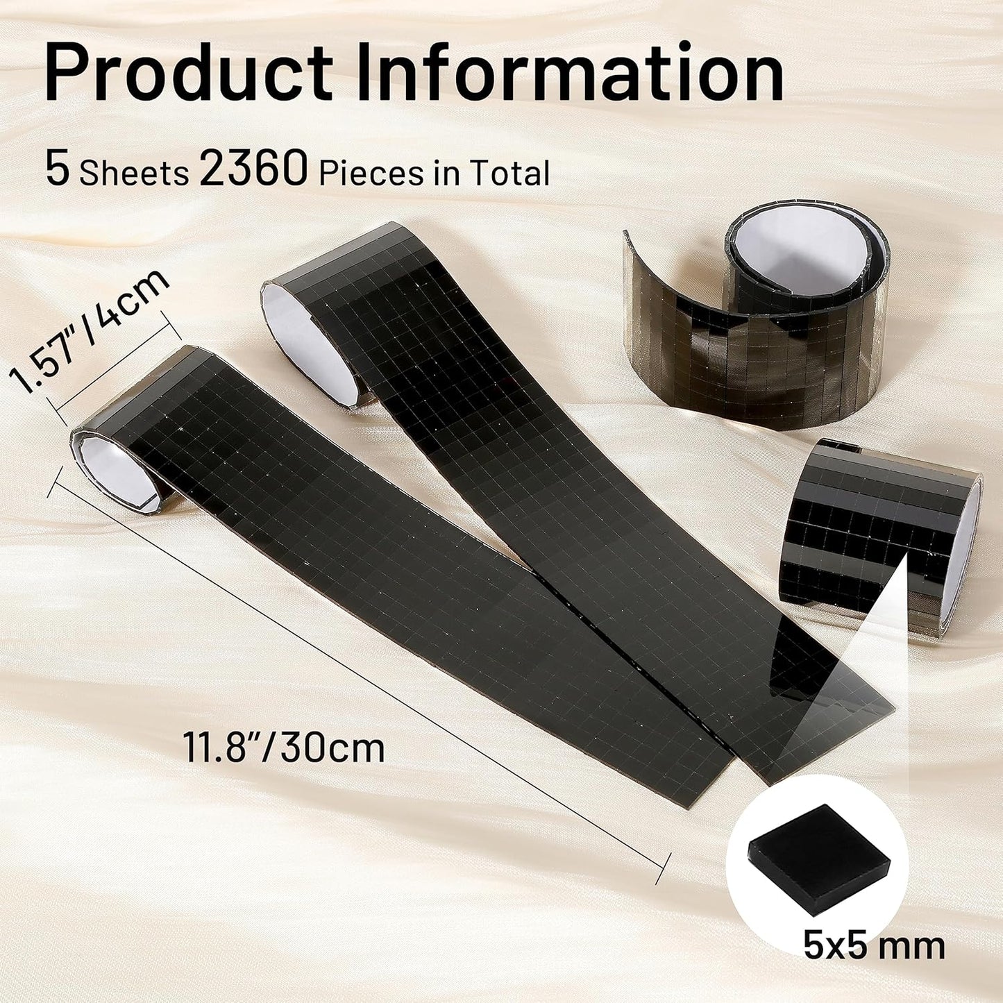 PP OPOUNT 2360 PCS Disco Tiles, 5 x 5 mm Self-Adhesive Disco Ball Stickers, Real Glass Mirror Tiles for Crafts, DIY Disco Ball, Photo Frame, Art Collage, Indoor Decor (Black)