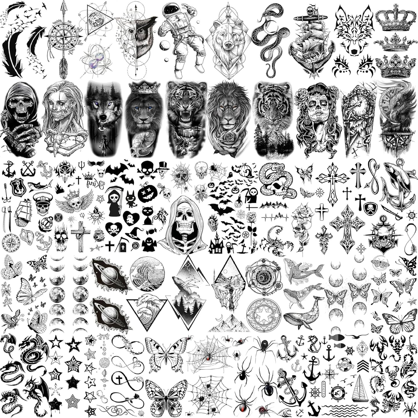 59 Sheets 3D Black Halloween Temporary Tattoos For Men Women Kids, Long Lasting Temp Fake Sleeeve Tattoos For Adults, Large Realistic Skull Skeleton Owl Wolf Lion Tiger Ship Tatoo Sticker Arm