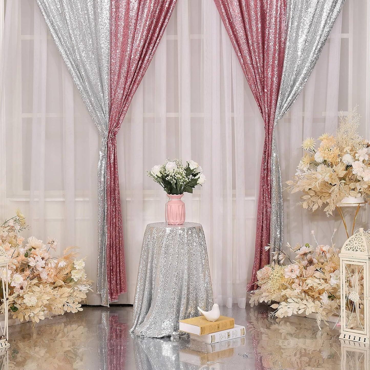 Poise3EHome 2 Panels 2ft x 8ft Fuchsia Pink Sequin Backdrop Curtains for Wedding Party Xmas Decoration