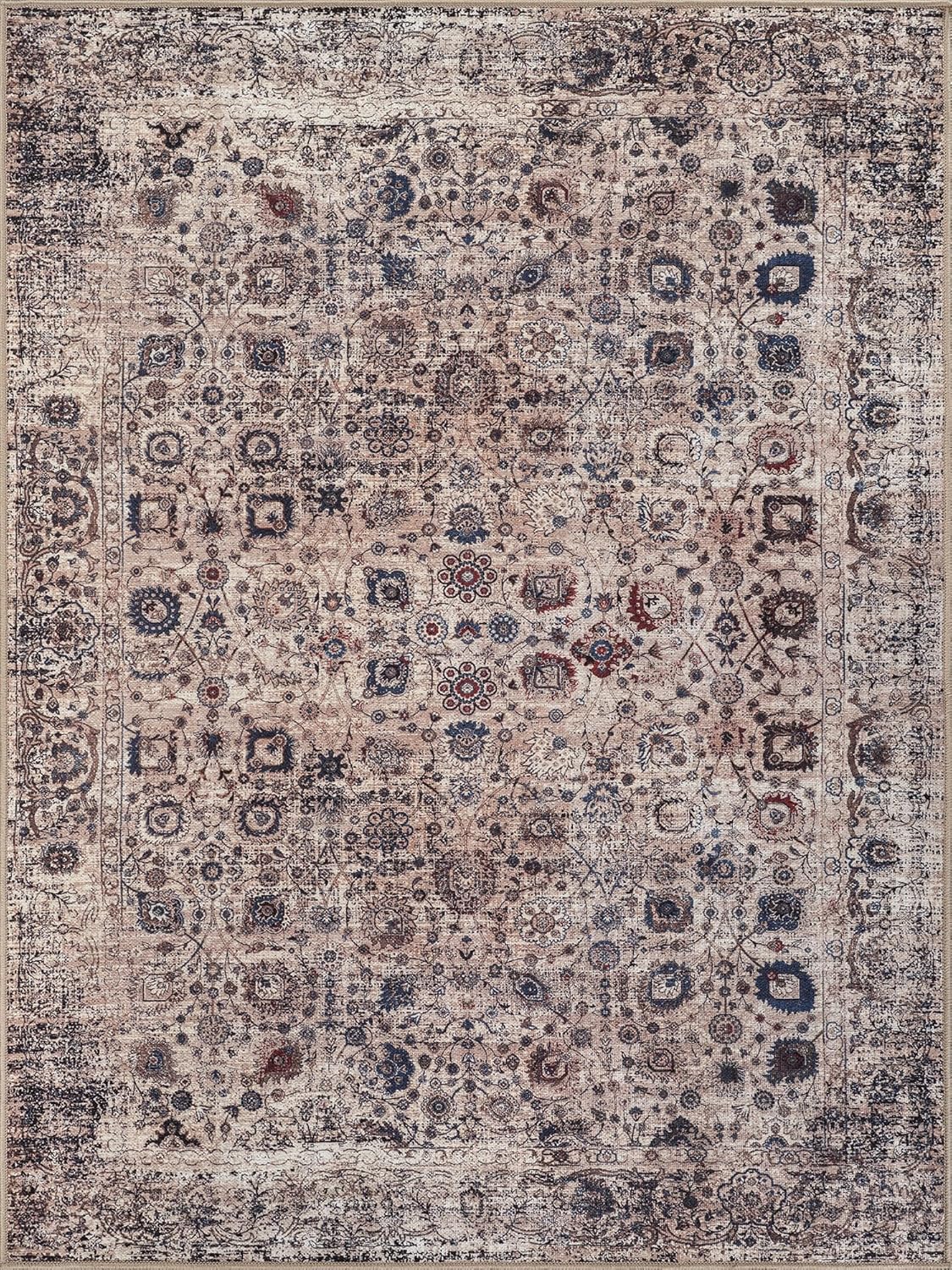 Bloom Rugs Washable Non-Slip 3' x 5' Rug - Light Tan/Blue Traditional Oriental Area Rug for Living Room, Bedroom, Dining Room, and Kitchen - Exact Size: 3' x 5'