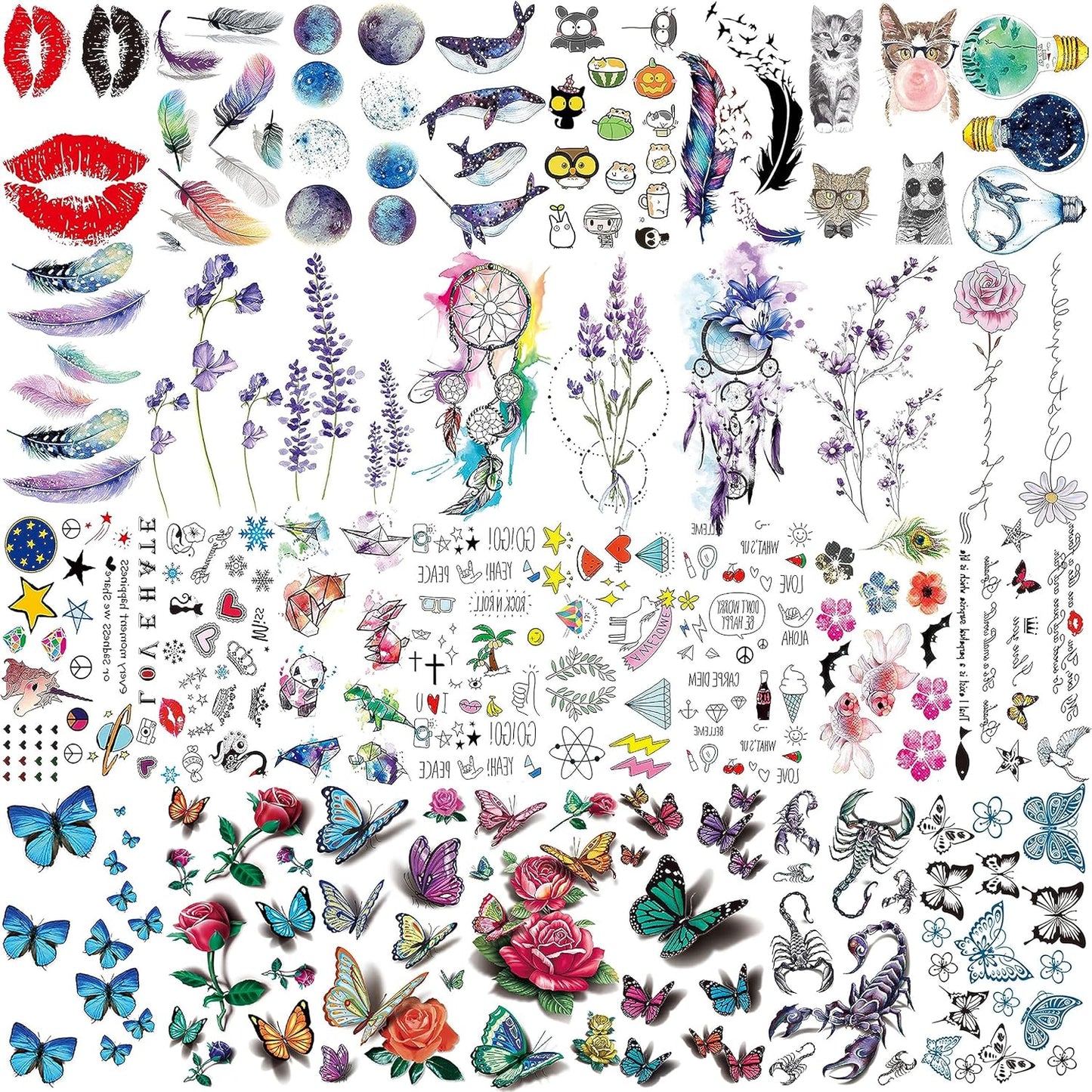 66 Sheets 430+ PCS Cute Temporary Tattoos For Women Men Adults, Watercolor Butterfly Flower Lavender Fake Tattoo Stickers Kids Boys Girls, Black Star Animals Space Temp Tattoos Dragon Wolf Lion