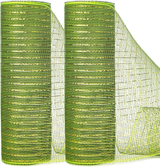Ribbli 2 Rolls Moss Green Mesh Ribbon,10 inch x 30 feet(10Yard) Each Roll,Metallic Moss Green with Gold Foil,Christmas Ribbon for Wreath Swags and Decorating