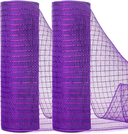 Ribbli 2 Rolls Purple Mesh Ribbon,10 inch x 30 feet(10Yard) Each Roll,Metallic Purple with Foil,Use for Wreath Swags and Decorating