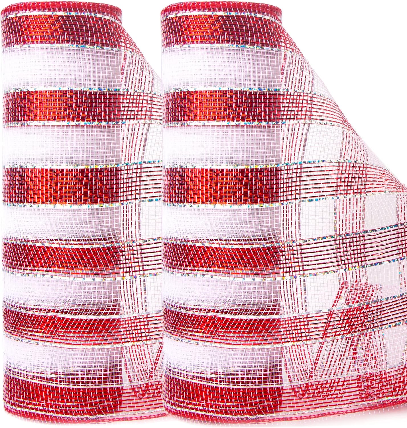 Ribbli 2 Rolls Red and White Stripe Metallic Mesh Ribbon,10 inch x 30 feet(10Yard),Metallic Red & White Stripe with Iridescent Silver Foil,Valentine's Day Ribbon for Wreath and Decorating