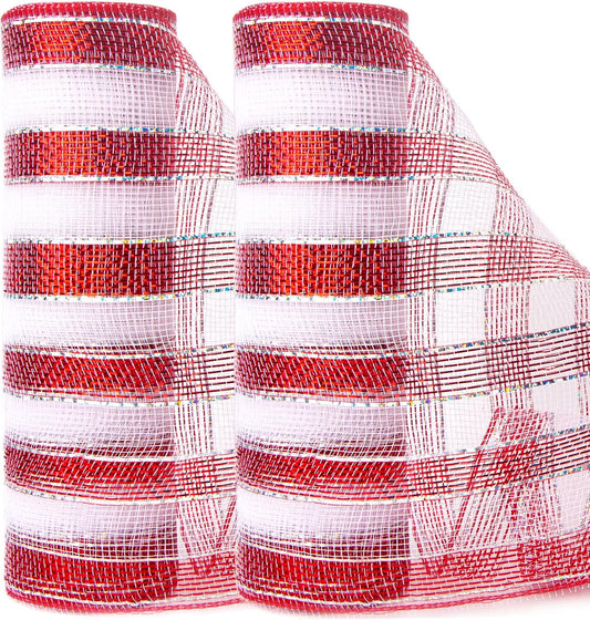 Ribbli 2 Rolls Red and White Stripe Metallic Mesh Ribbon,10 inch x 30 feet(10Yard),Metallic Red & White Stripe with Iridescent Silver Foil,Valentine's Day Ribbon for Wreath and Decorating