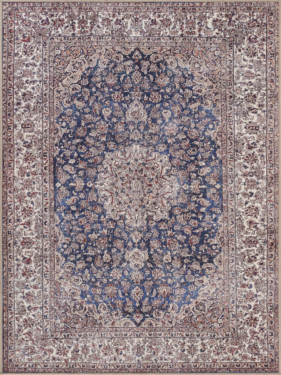 Bloom Rugs Washable Non-Slip 6' x 9' Rug - Dark Blue/Beige Traditional Medallion Area Rug for Living Room, Bedroom, Dining Room, and Kitchen - Exact Size: 6' x 9'